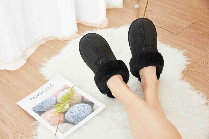 CLPP'LI Womens Slip on Faux Fur Warm Winter Mules Fluffy Suede Comfy Slippers-Black-10 - Image 4